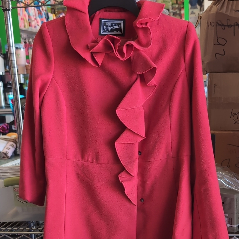 Rothschild Red Trench Coat with High Collar and Ruffle - Picture 7 of 7